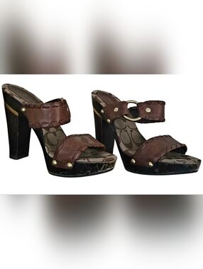 Coach Brown Braided Leather Platform Wood Heel mule Sandals
